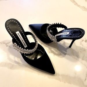 Manolo Blahnik Black Satin Pointed Toe Crystal Strap Mules